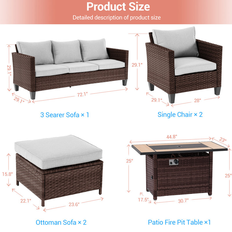 6 Pieces Patio Set with 45'' Fire Pit Table, PE  Rattan Patio Sofa Set With Ottomans and Sturdy Frame, Linen Gray, Brown