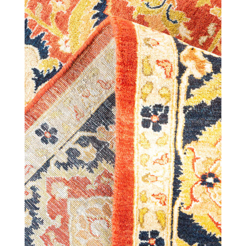Tapis orange en laine noué à la main de conception unique 5 pi 10 po x 9 pi Hayner