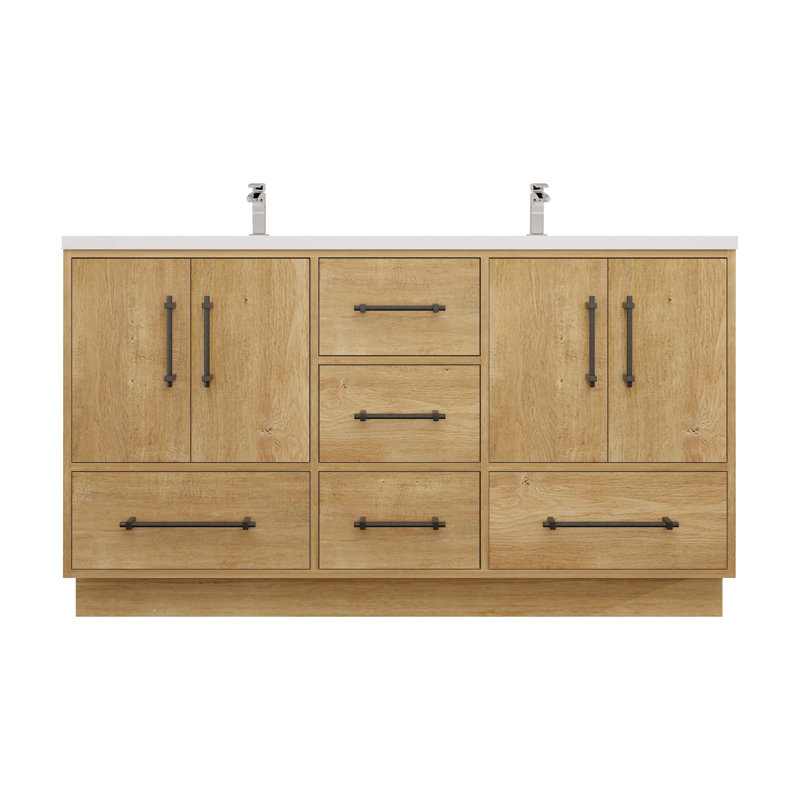 Victoria Oak Finish Double Freestanding Bathroom Vanity with Acrylic Top
