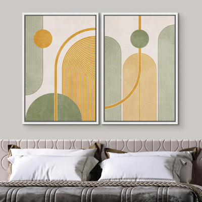 «Mid Century Modern Boho Vintage Yellow Green Polygons Abstract Shapes», art numérique calme / zen sur toile, 2 pièces