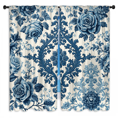 Rideaux de fenêtre damassés bleus à motif floral transparent et obscurcissant - 2 panneaux