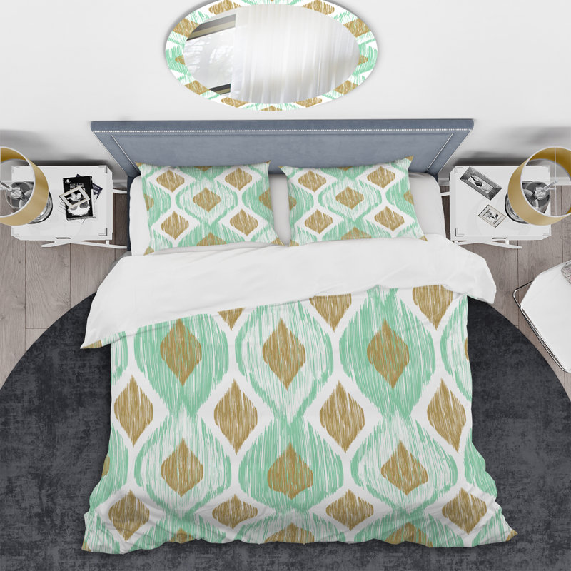 Ensemble de housse de couette à motif ikat Ogee vert et doré, Housse de couette pour très grand lit et 2 très