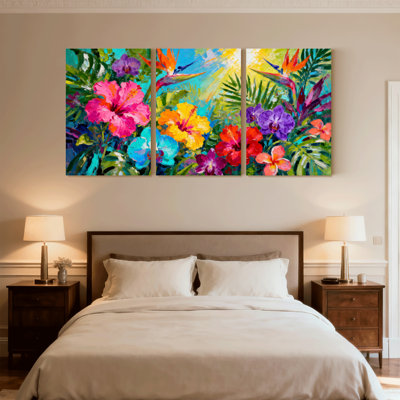 Plantes et fleurs, fleurs tropicales, couleurs vibrantes, verdure luxuriante, ensemble de 3 reproductions d'art sur toile