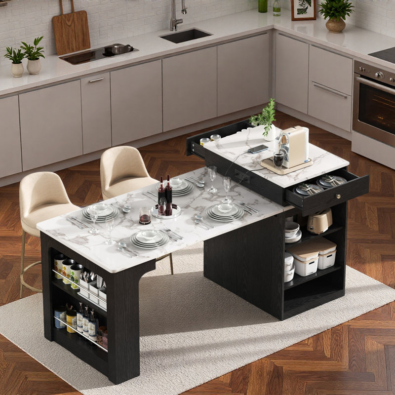 Îlot de cuisine avec table de salle à manger extensible, rangement double-face, 2 tiroirs, prise de courant, Noir