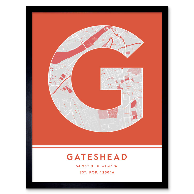 Gateshead City Map Gateshead Orange by Wee Blue Coo - Single Picture Frame Typography