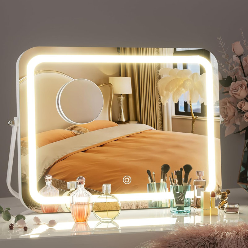 Miroir de salle de bain à DEL avec lumières, 3 modes d'éclairage à intensité variable, commande tactile intelligente, rotation à 360 °, comprend une loupe 5X, cadre blanc
