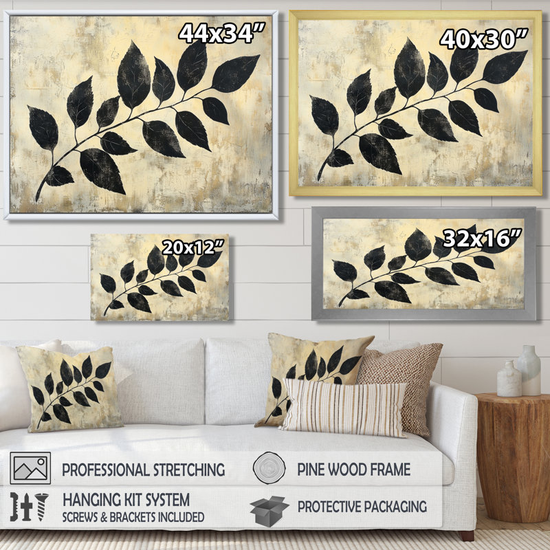 Ihna Black Leaves Shadow Silhouette V - Art mural feuilles, H 34 po x l 44 po, Impression encadrée flottante, Or