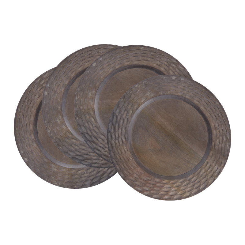 Assiettes décoratives texturées en bois de manguier texturé (ensemble de 4) - Chargeurs de table ronde rustique pour salle à manger et réception, 13 po