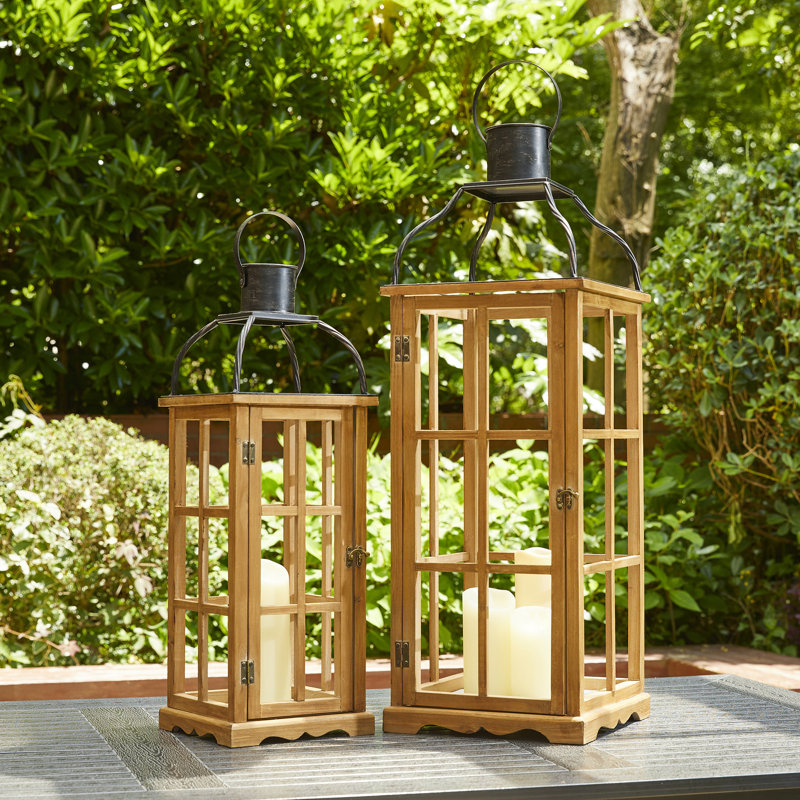 Wood and Metal Tabletop Lantern, Natural, 35.50"H
