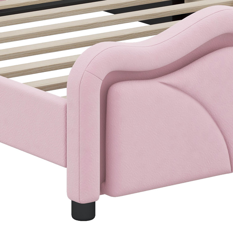 Lit plateforme tapissier simple avec tête de lit courbée à hauteur ajustable et bandes lumineuses à DEL, Rose