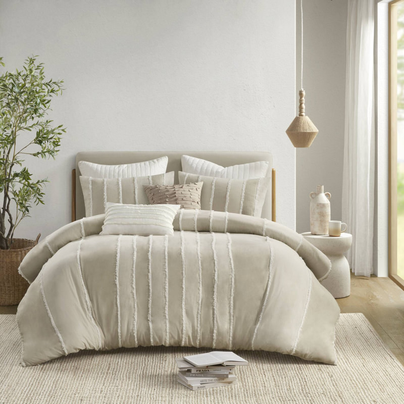 Ensemble de housse de couette en coton 3 pièces Shay, Housse de couette double / grand + 2 taies décora, Taupe