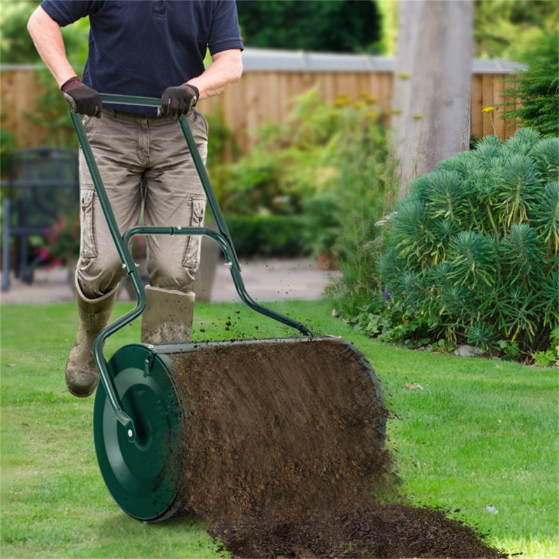Épandeur de fumier et de compost de 24 po x 16 po avec poignée en T réglable, structure en métal thermolaqué, épandeur de mousse de tourbe de grande capacité pour cour de jardin, plusieurs options de tailles disponibles
