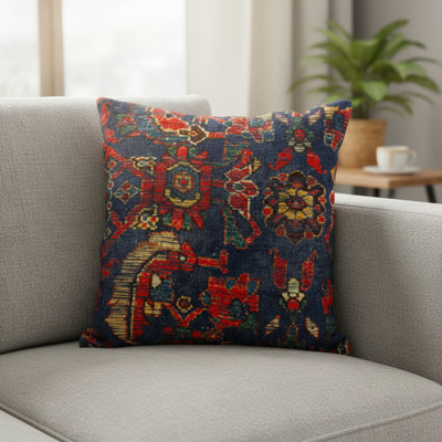 Coussin 18 "en coton damassé bleu et rouge
