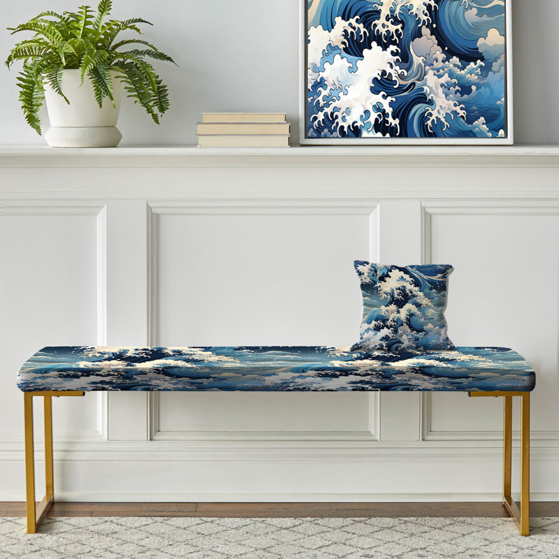 Bleu et blanc Vintage Storm Waves - Banc rembourré doré Coastal, Motif japonais de vagues Hokusai
