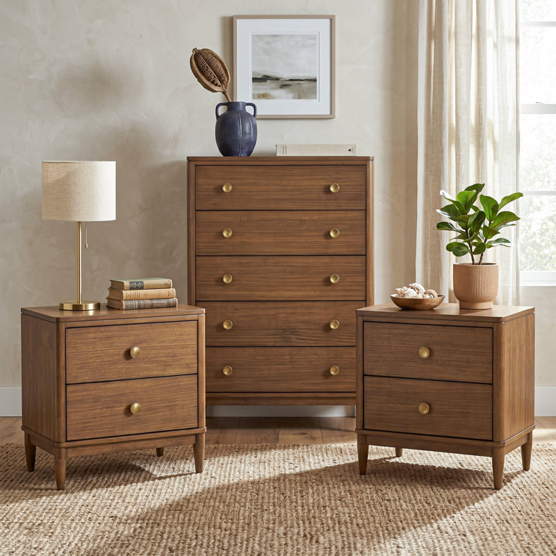Arrandale Solid Wood 3-Piece Nightstand with USBs, 3 pièces : commode basse, 2 tables de chevet
