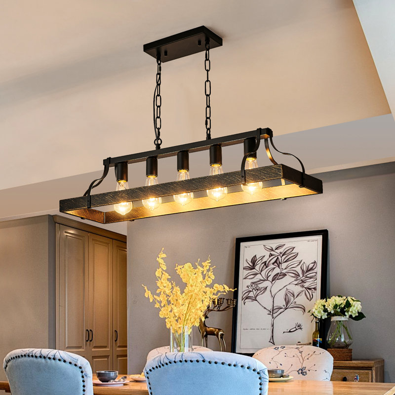 Luminaire suspendu vintage 34 po noir et doré - 5 douilles E26, chaîne de suspension réglable pour îlot de cuisine, salle à manger, espaces de vie Douilles d'ampoule de plafond de 34 pouces, cuisine, pièce