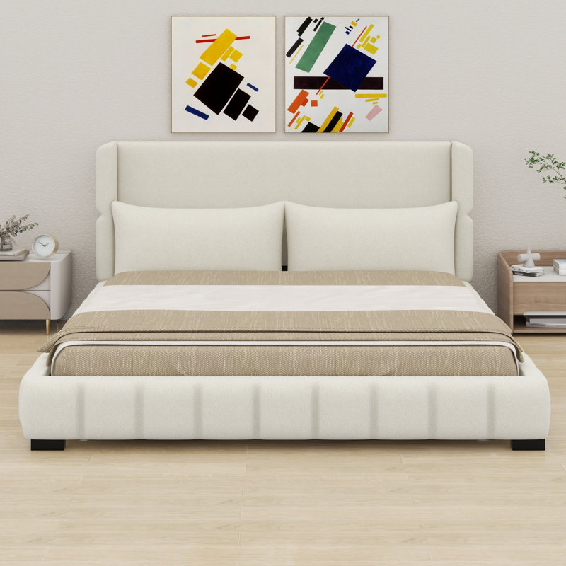 Classic Upholstered Platform Bed Frame with 2 Pillows, Blanc, Très grand lit