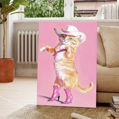  Pink Cowgirl Cat Portrait Wall Art - High-End Playful Western Pet Decor for Living Room