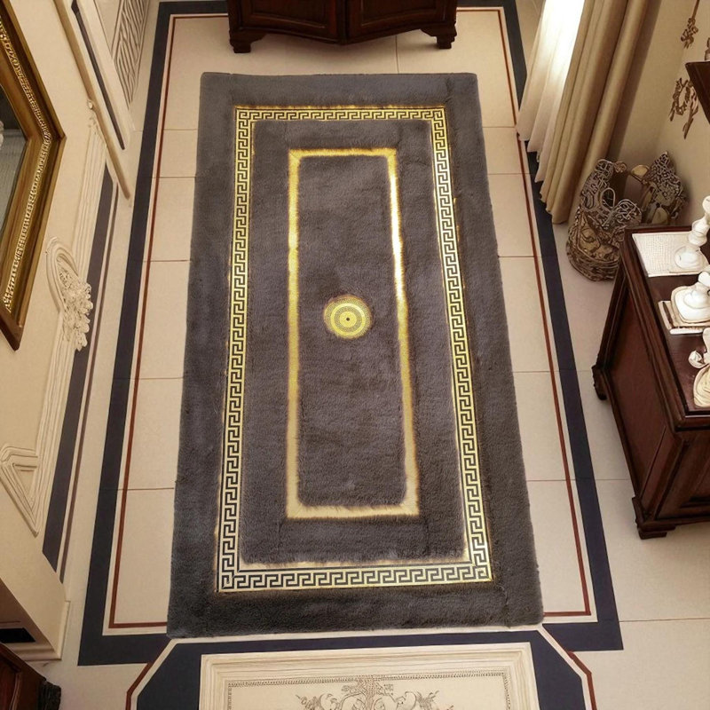 Tapis gris moelleux, tapis doré doux à bordure grecque, tapis sur mesure, Rectangle 6 pi x 9 pi