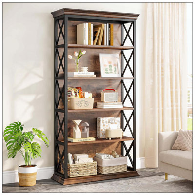 6-Tier Brown & Black Industrial Bookshelf