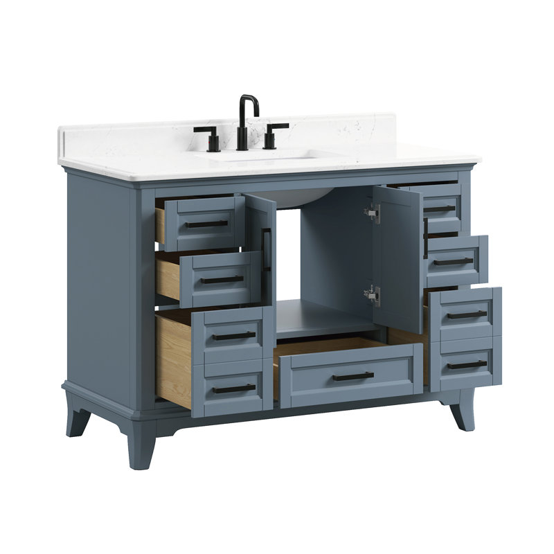 Meuble-lavabo autoportant avec comptoir en quartz, Bleu acier, 49"