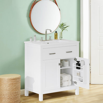30" Bathroom Vanity With Ceramic Sink,single Bathroom Cabinet With 2 Doors And A Shelf
