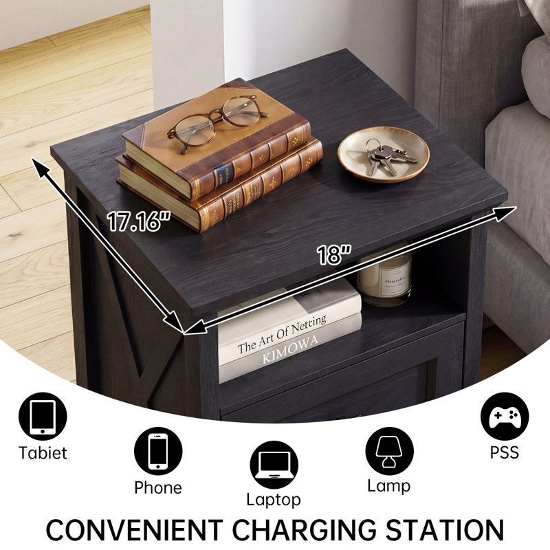 25.6" Tall Farmhouse Nightstand With Charging Station, Wood End Table Dresser With 2 Drawers, Built-In Outlets, Black