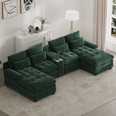 Oversized 130"W 4 Piece U-Shape Sectional With Console & Cup Holders