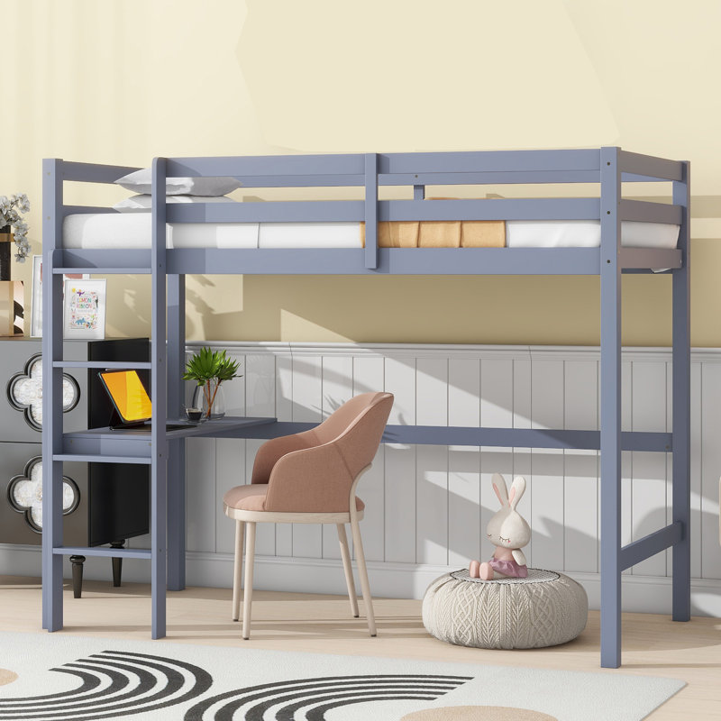 Twin Solid Wood Loft Bed With Built-in-desk , Grey