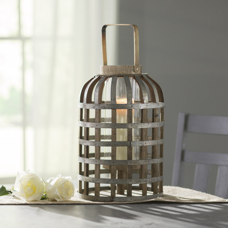 Lanterne décorative en bois et métal 22 po avec détails en bambou, porte-bougie de style cage pour le salon