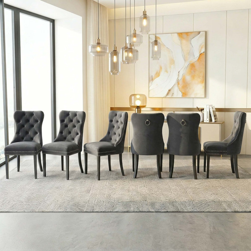 Ensemble de chaises de salle à manger 6 pièces en velours, avec anneau et garniture cloutée, pour cuisine et salle à manger, gris