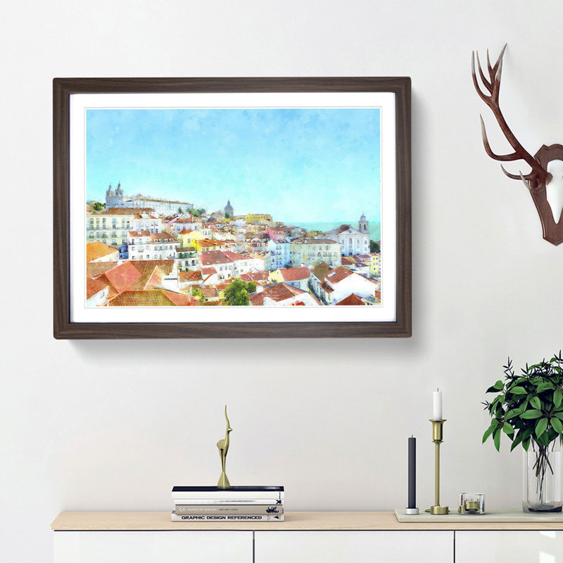 Skyline of Alfama Lisbon Portugal - Picture Frame Painting Print, 33cm H x 45cm W x 2cm D, Walnut Framed