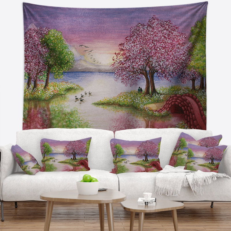 Lac romantique en tapisserie rose et verte, H 50 po x l 60 po