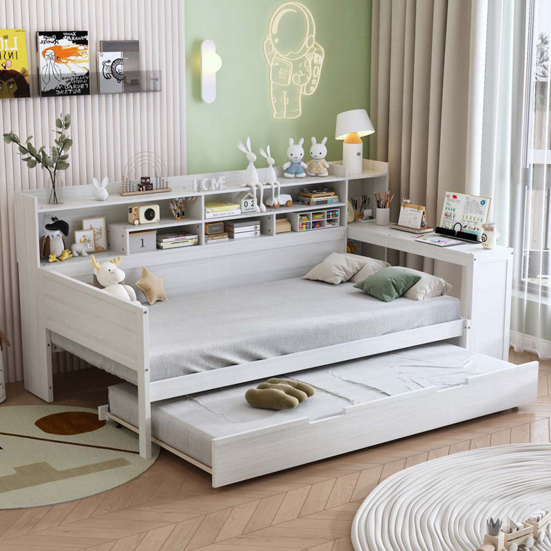 Lit de jour en bois avec tablettes de rangement, lit gigogne et bureau, Lit simple, Blanc antique
