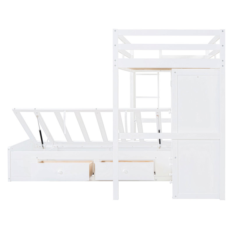 Lit superposé simple avec tiroirs, garde-robe, tablettes de rangement et lit hydraulique, blanc