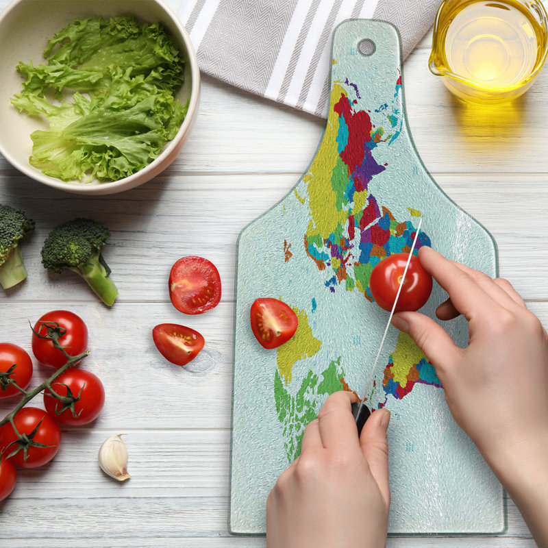 Ambesonne World Map Tempered Glass Cutting Board Countries and Oceans Multicolor