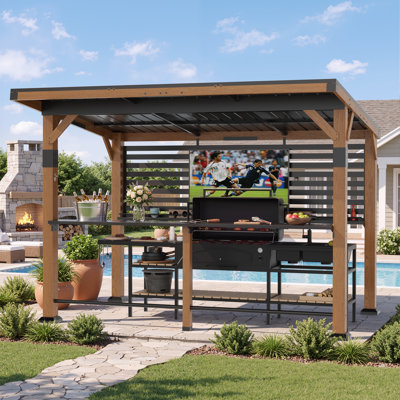 8 Ft. W x 10 Ft. D Wooden Pergola Grill Gazebo with Galvanized Steel Roof, TV Mount and Bar Shelves