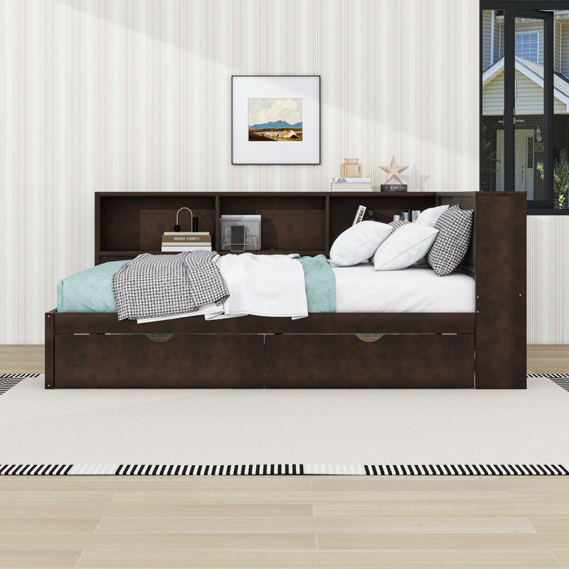 Queen Wooden Daybed with Built-in Storage and 2 Drawers, Brown