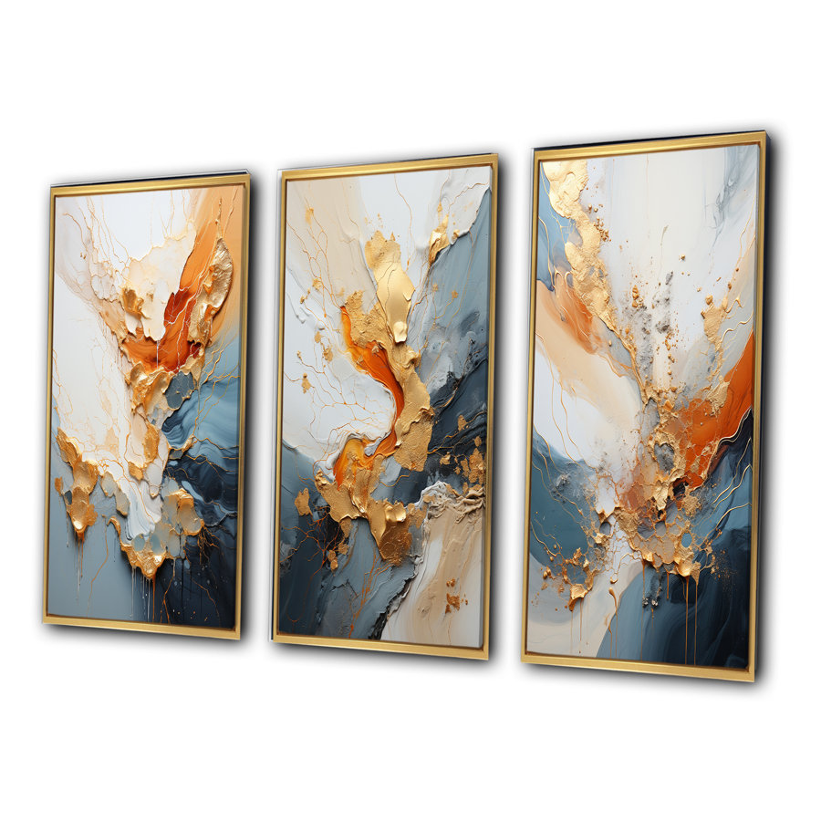 " Golden Sunrisre Abstract Gold And Nova Blue " 3 - Pieces on Canvas