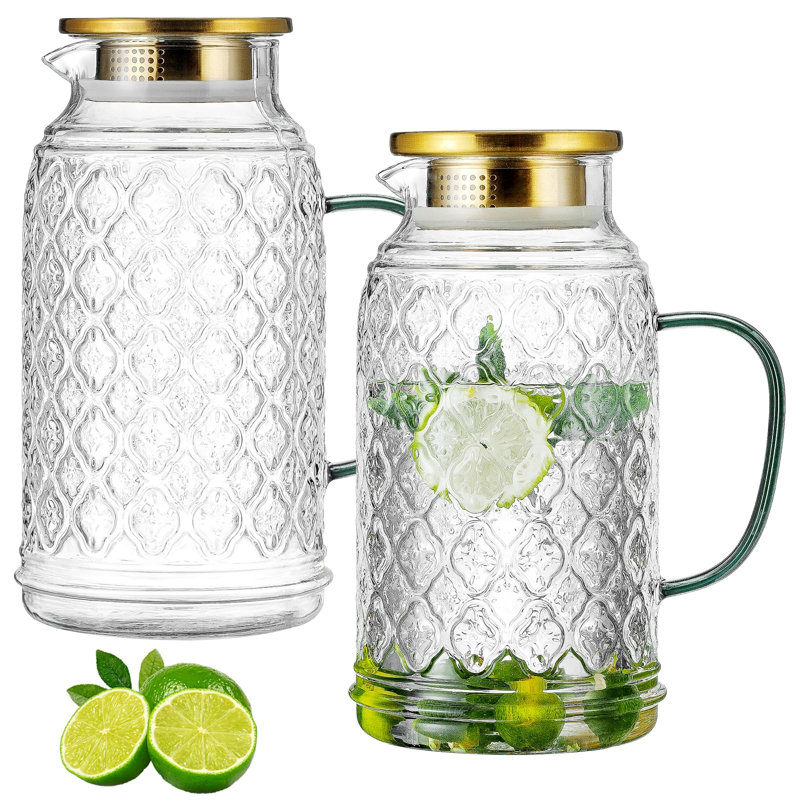 Pichet en verre avec couvercle, pichet à eau vintage 2 L 84 oz / 2,5 L, carafe en verre borosilicaté transparent pour infusion à froid, café, limonade, thé glacé, boisson, résistant à la chaleur