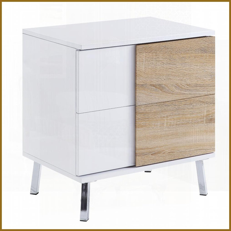 Blanc ultrabrillant Table basse naturelle pour le salon, 2 tiroirs avec arrêt de sécurité, conception compacte