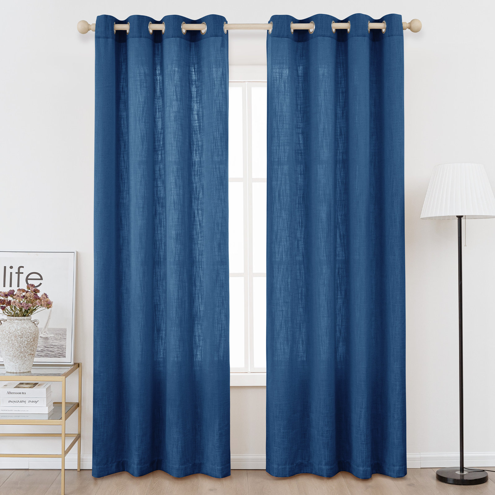 Kambi Linen Blend Semi-Sheer Curtain Panel Pair, 52" W x 108" L, Navy