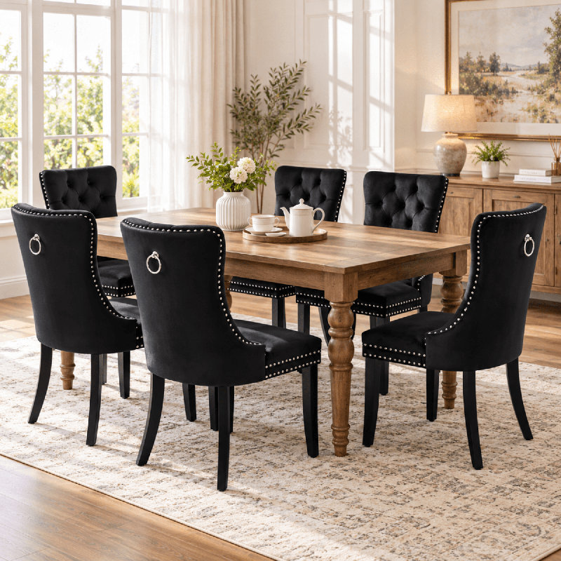 50 cm H Tufted Upholstered Velvet Wing Back Dining Chair in Black