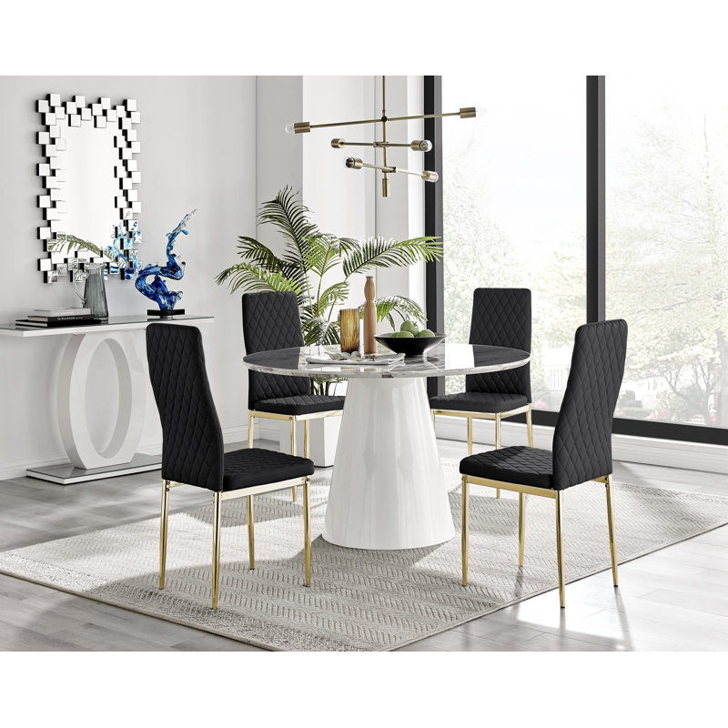 Edward Statement Pedestal Dining Table Set with 4 Luxury Faux Leather Upholstered Dining Chairs, Black/Gold