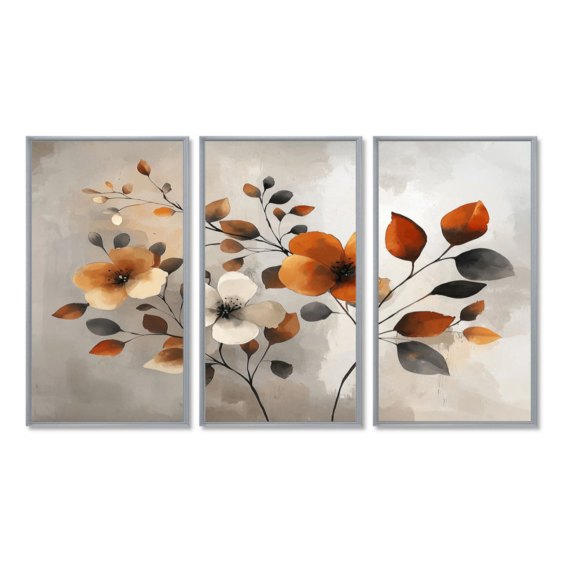 Fleurs de cerisier orange gris botanique VI - ensemble de reproductions d'art mural cerisier en fleurs