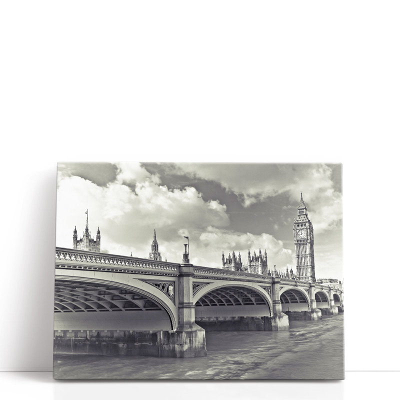 «Westminster Bridge, London Black and White 1», reproduction d'art sur toile, H 18 po x l 24 po