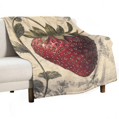 Ripe Strawberry Botanical Illustration Luxury Flannel Throw Blanket, Soft Warm Fuzzy Blanket for Living Room Sofa Bed Home Decor