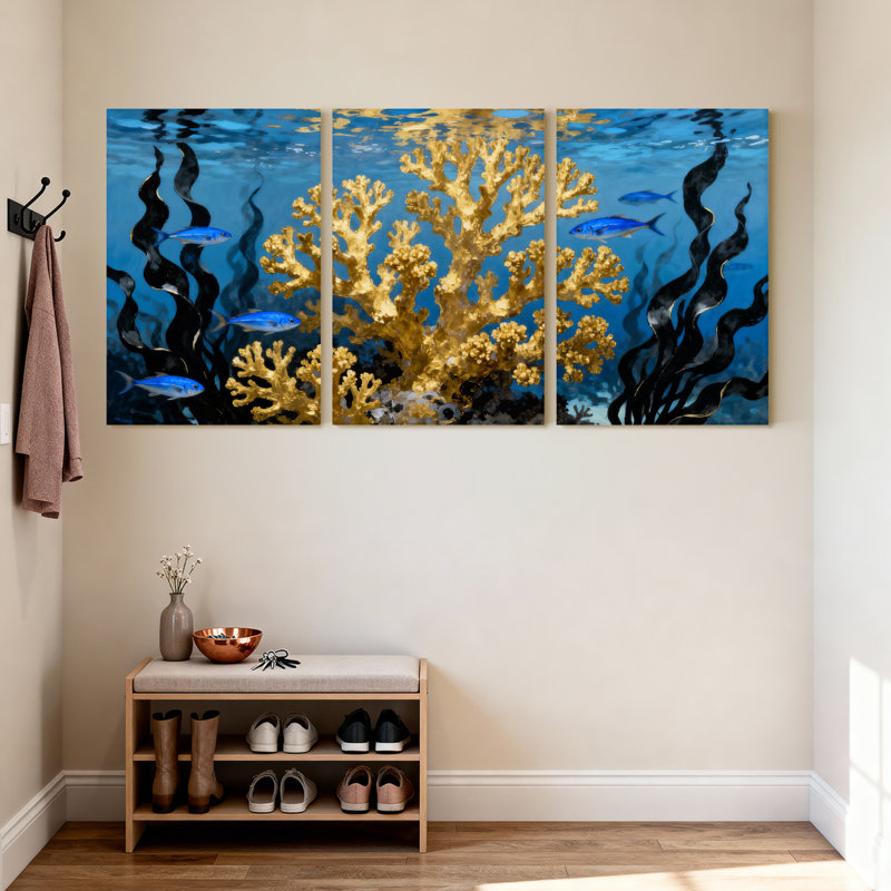 Underwater Coral Reef Fish Scene Art Print Set of 3 Canvas Wall Art Prints, 18" H x 36" W