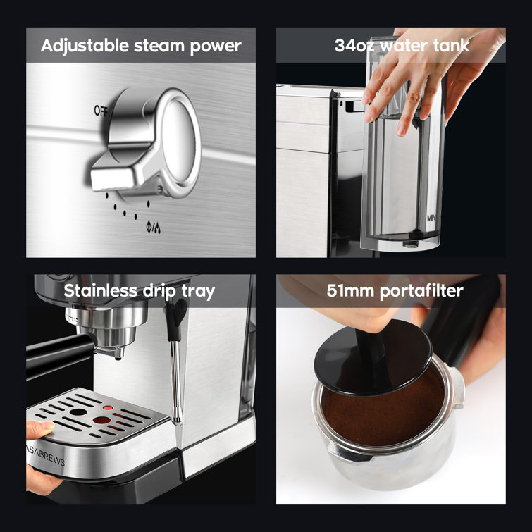 Compact Espresso Machine 20 Bar Coffee maker With Milk Frother Steam Wand  37oz Removable Water Tank