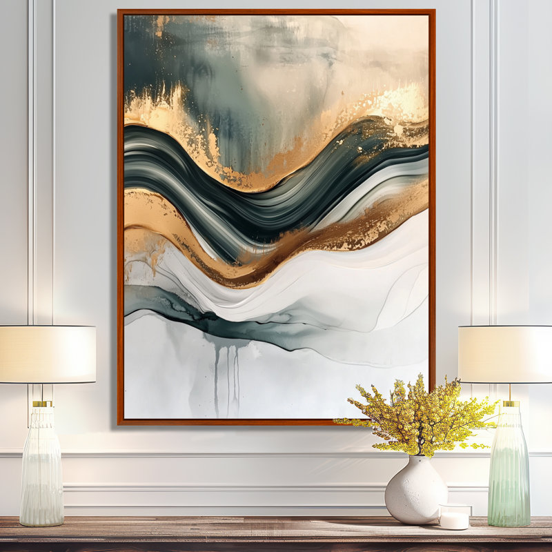 Nykea, mélodie silencieuse de Golden Hard Edge Ink II - art mural abstrait, Brun, Impression encadrée flottante